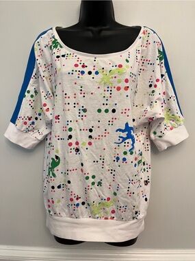 Akademiks “Jeanius” Dolman Sleeve Paint Splatter Print T shirt, Size M